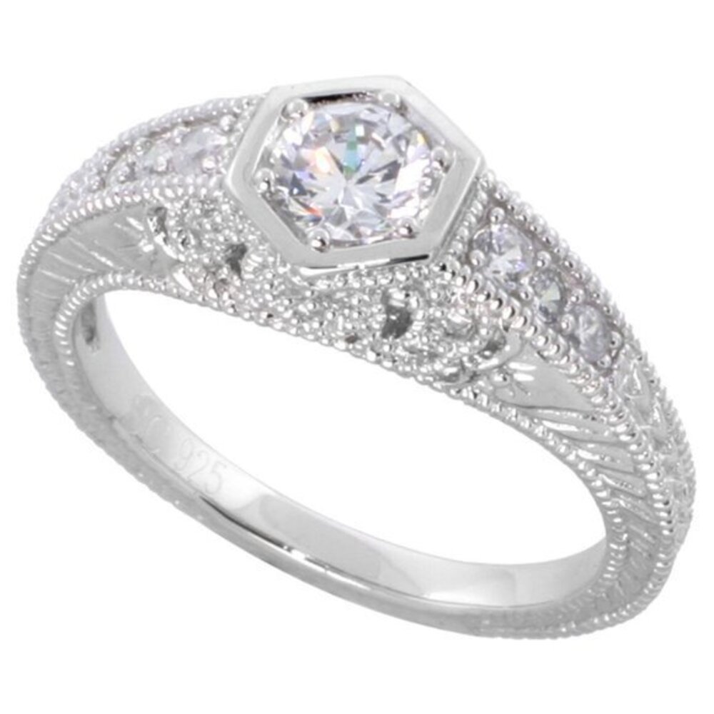 Sterling Silver Vintage Round CZ Engagement Ring
